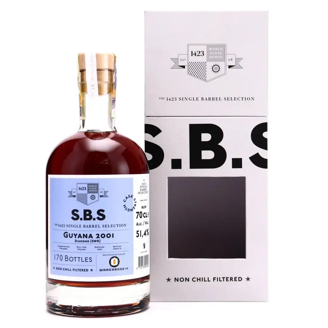 Image of the front of the bottle of the rumS.B.S Selected and bottled for Warehouse #1 SWR