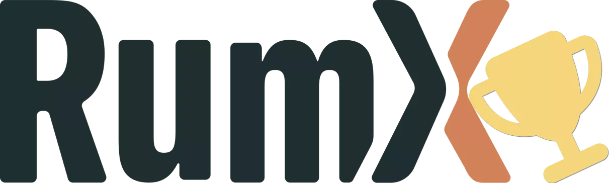 The logo of RumX, which is composed of the word rum and the symbol X (two crossed glasses)