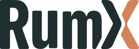 The logo of RumX, which is composed of the word rum and the symbol X (two crossed glasses)