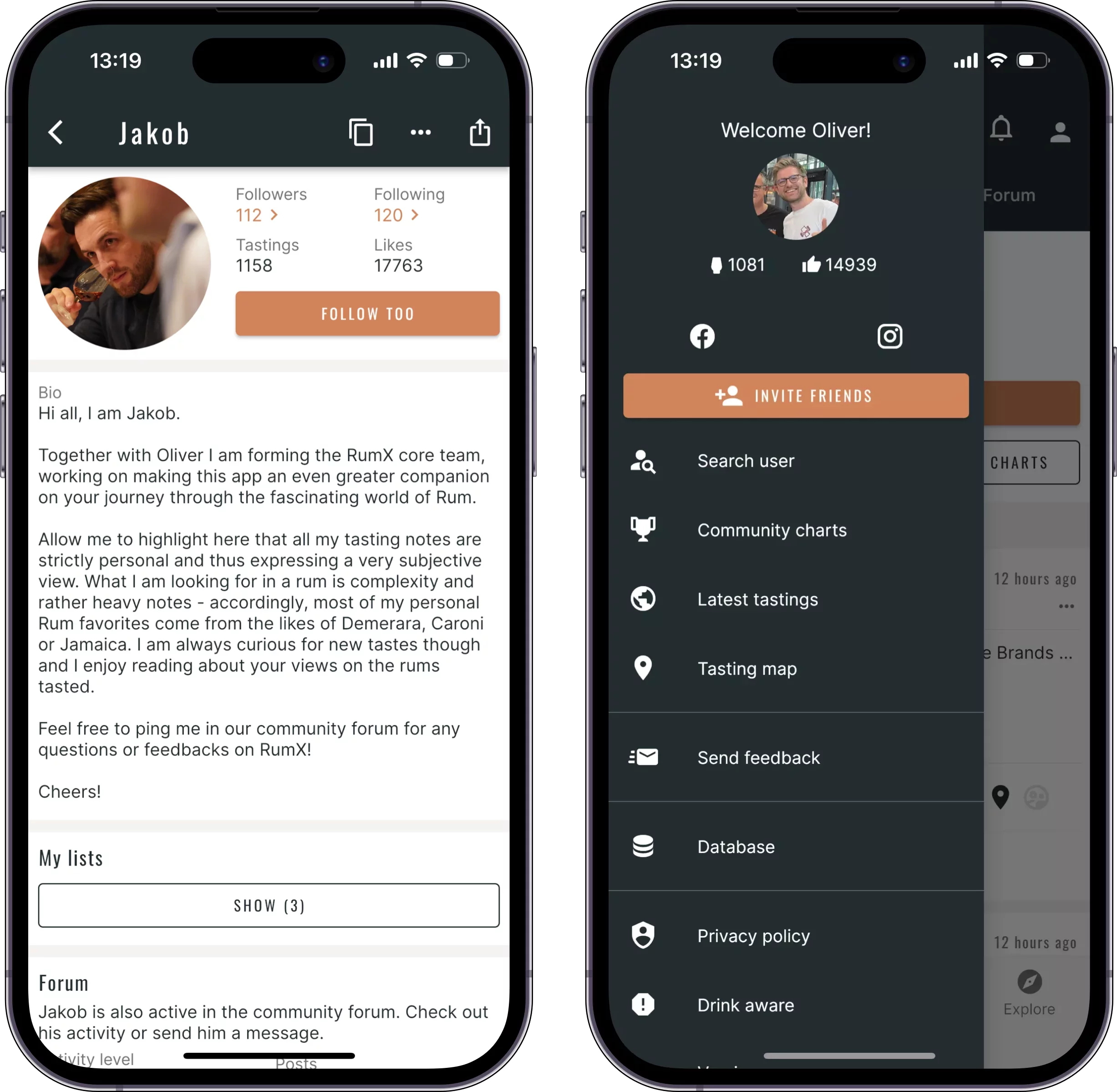 Screenshot of Jakob's in-app user profile and app menu