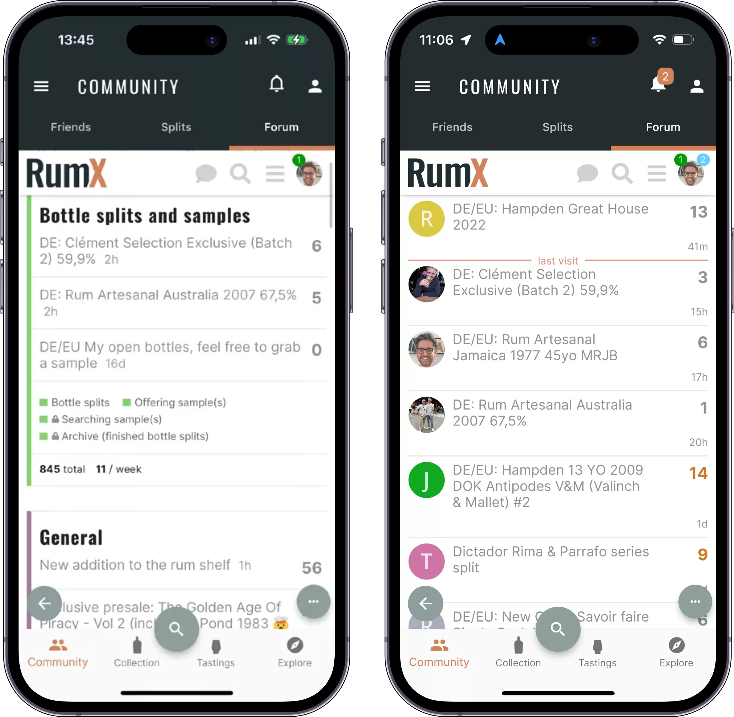 Screenshot of current bottle splits in the RumX community forum