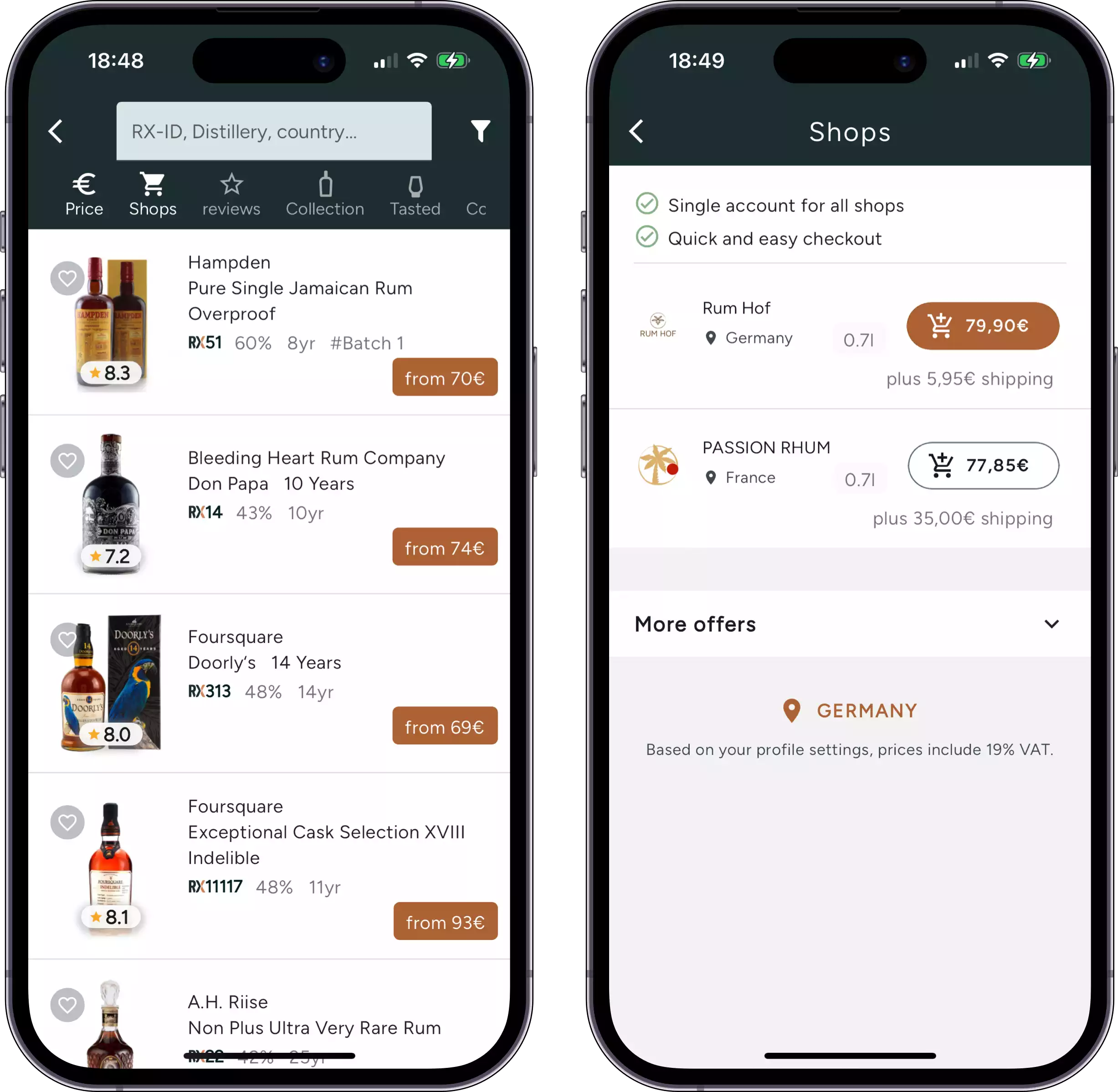 Screenshot of the integrated rum marketplace with thousands of rum offers