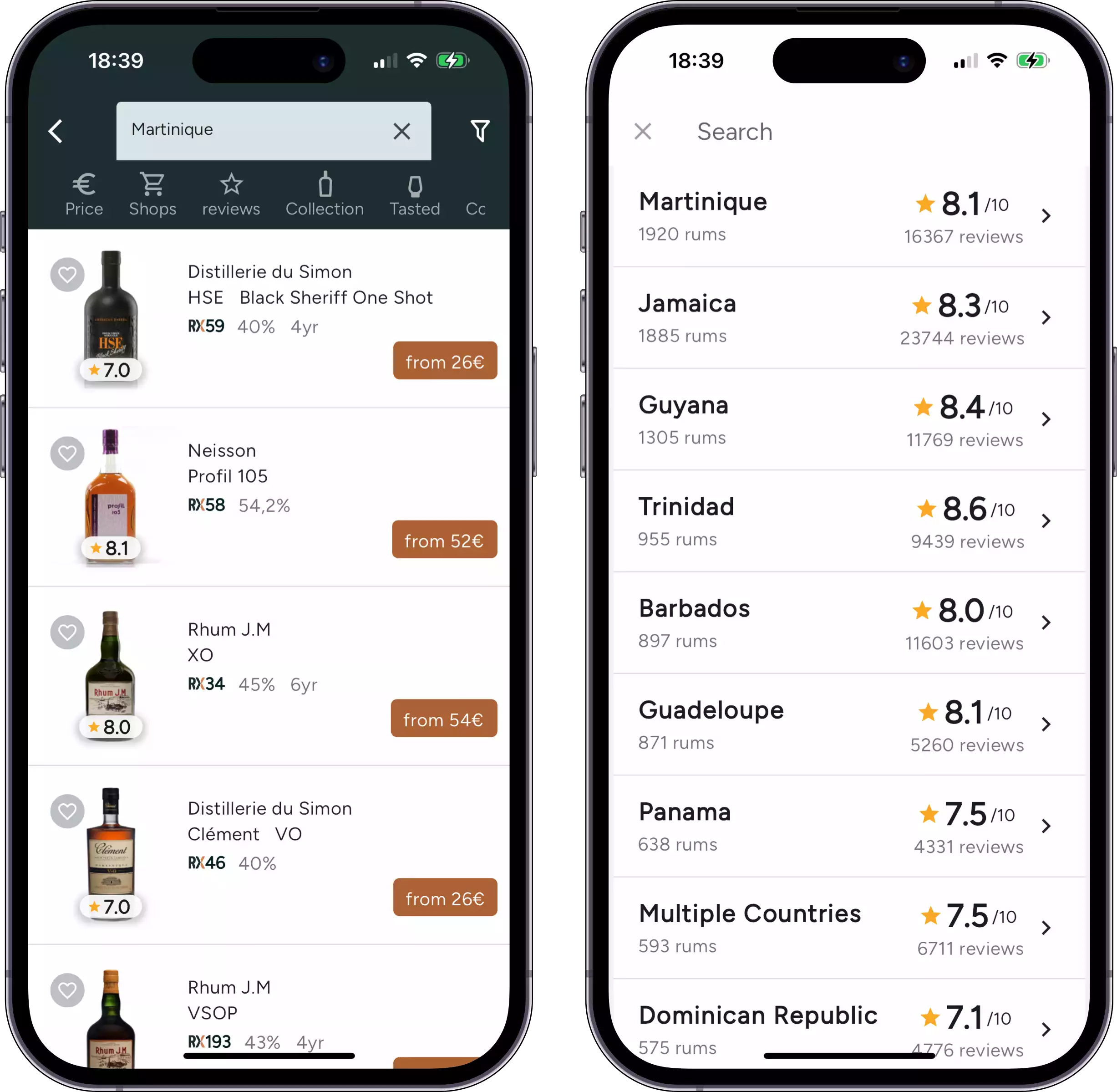 Screenshot of the search rum and review page in our iOS app